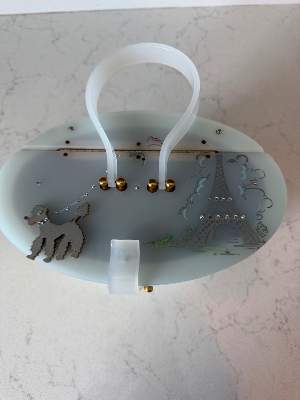 Vintage Suki Box Purse 1940's French Poodle Blue Lucite Rhinestones